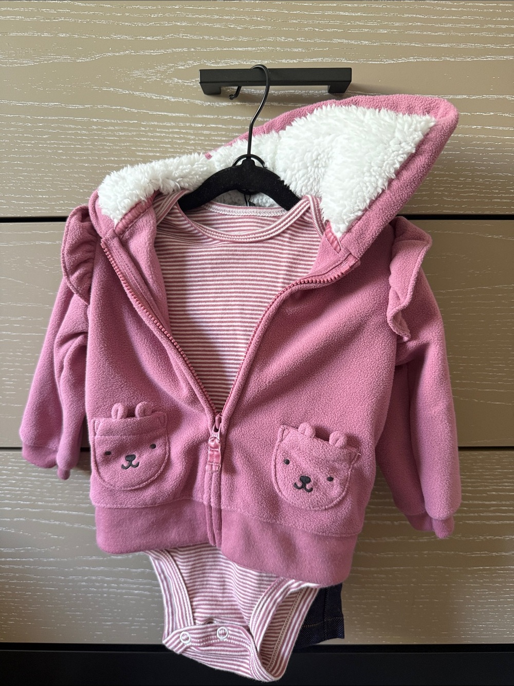 Carter's Pink Hooded Sherpa-Lined Jacket and Striped Bodysuit Set